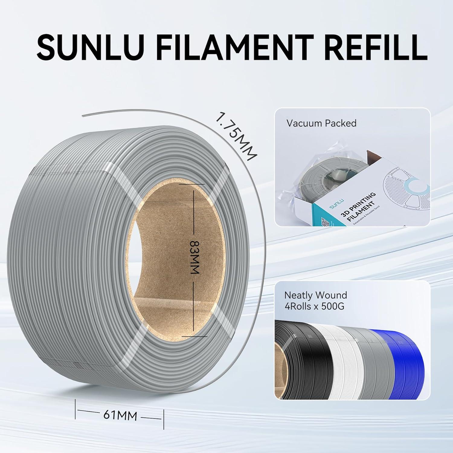 imageSUNLU PLA Plus Filament Refill 175mm 4KG 3D Printer Filament PLA Refill NoSpool Black PLA Filament for Reusable Spools Compatible with Bambu Labs Filament 4Rolls 1KGRoll500g4 Pla20 White