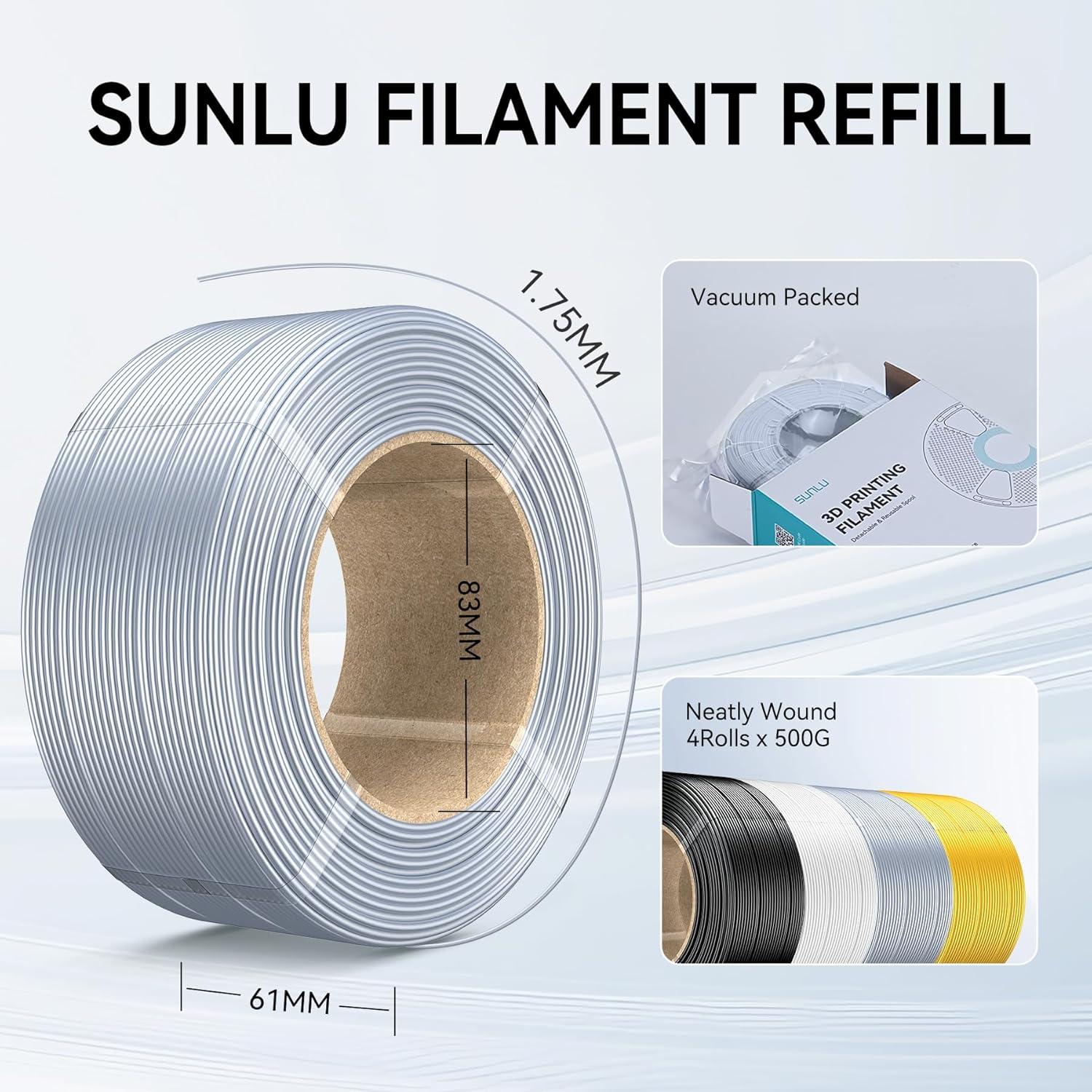 imageSUNLU PLA Plus Filament Refill 175mm 4KG 3D Printer Filament PLA Refill NoSpool Black PLA Filament for Reusable Spools Compatible with Bambu Labs Filament 4Rolls 1KGRoll500g4 Silk Black