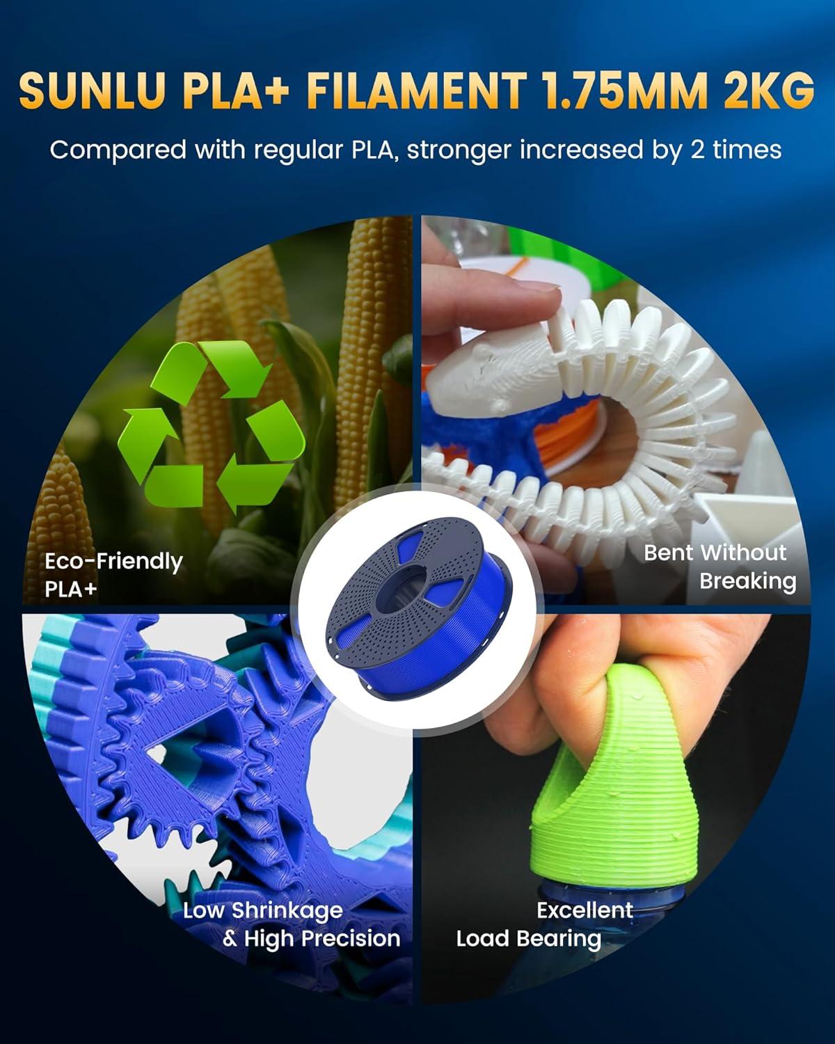 imageSUNLU PLA20 3D Printer Filament Bundle 4KG Upgrade PLA Filament 175mm Tougher and Stronger Dimensional Accuracy 002mm 1KG per Spool 4 Packs 4KG Total BlackPla20 Blackwhitegreyblueredyellowolive Greenorangepurplewood Color