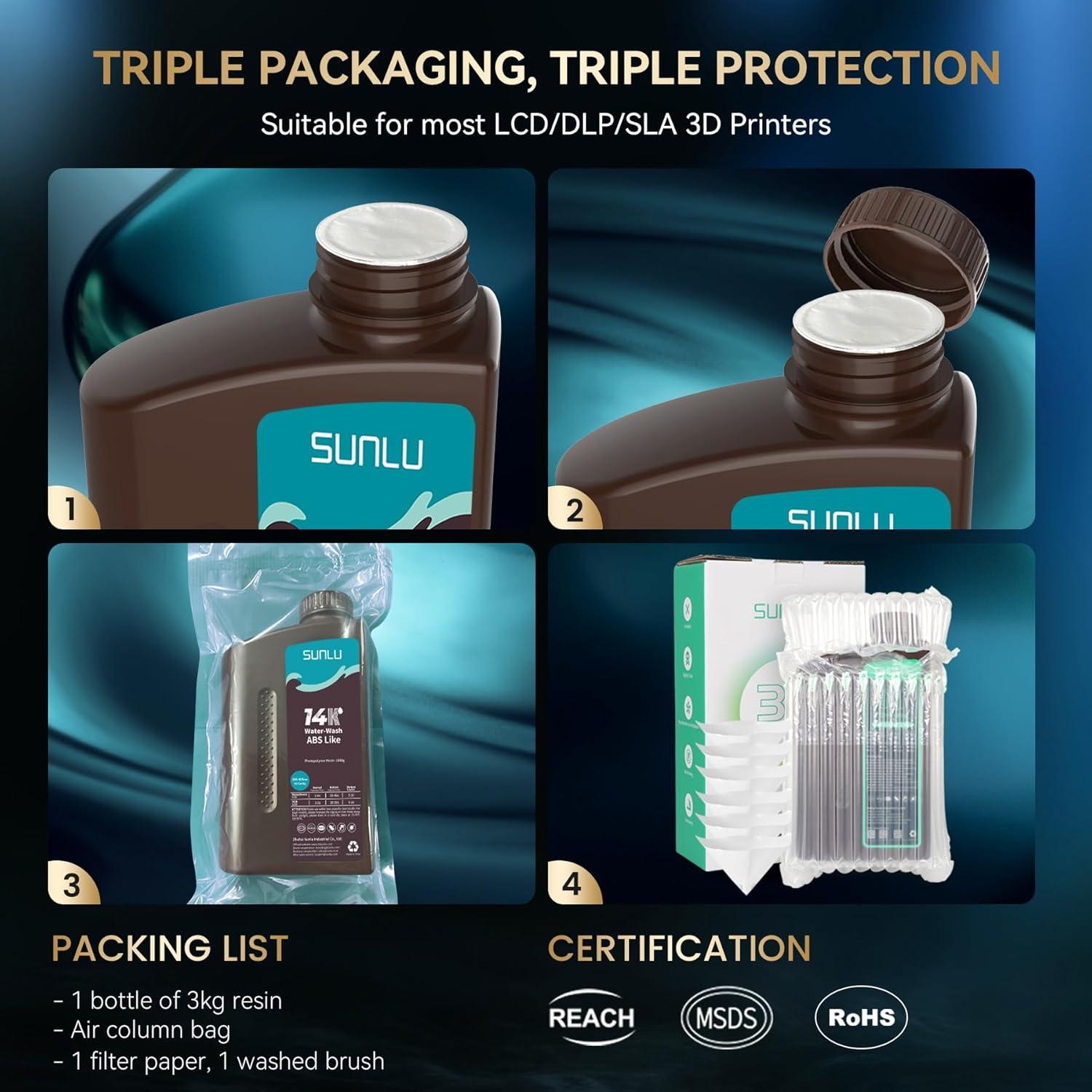 imageSUNLU 3000G ABS Like Resin for 3D Printer 405nm UV Curing Photopolymer Rapid 3D Resin for 2K 4K 6K 8K LCDDLPSLA 3D Printers NonBrittle ampamp High Precision ampamp Low Shrinkage 3KG Dark GreyHigh Precision 14K WaterWash ABS Resin 3kg Grey