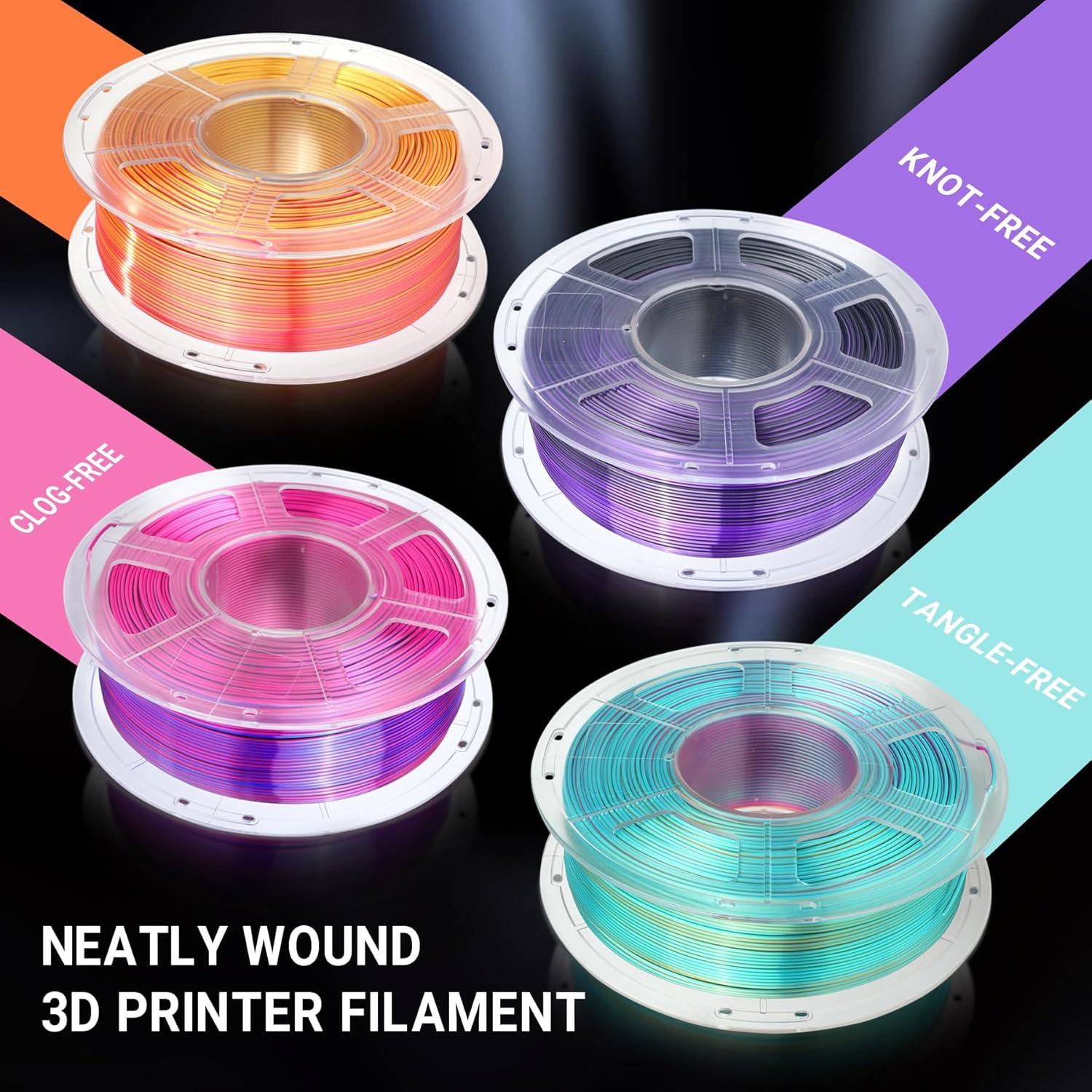 imageSUNLU 3D Printer Filament Bundle PLA Silk Rainbow Filament Multicolor Fast Color Change Each 8 Meters Individually Vacuum Packed 250g Spool 8 Rolls 2kg Total 6 Silk RainbowLight GoldSilverSilk Pla Triple Red Yellow Blue