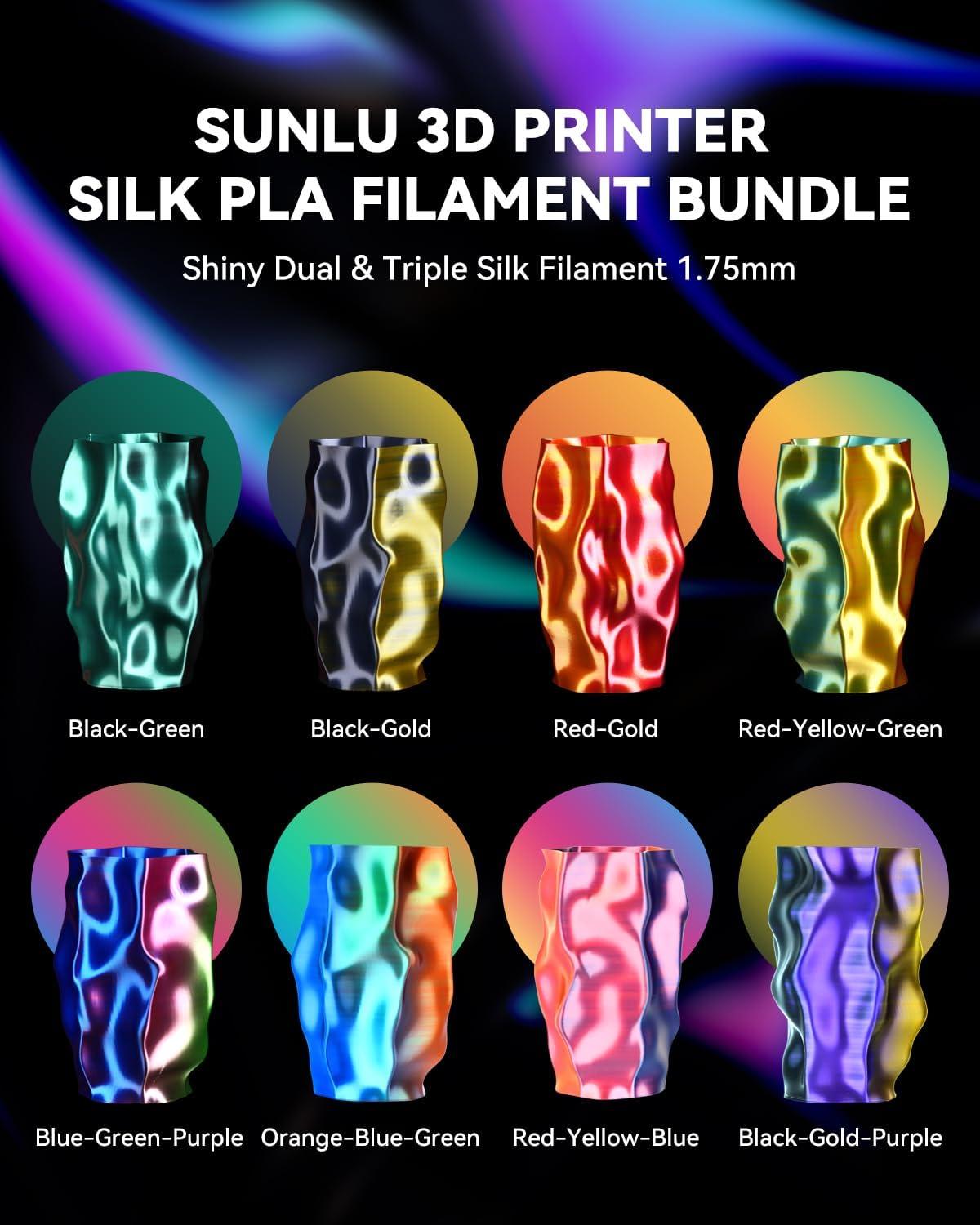 imageSUNLU 3D Printer Filament Bundle PLA Silk Rainbow Filament Multicolor Fast Color Change Each 8 Meters Individually Vacuum Packed 250g Spool 8 Rolls 2kg Total 6 Silk RainbowLight GoldSilverSilk Small Spool  Silk Dual Color3silk Triple Color5