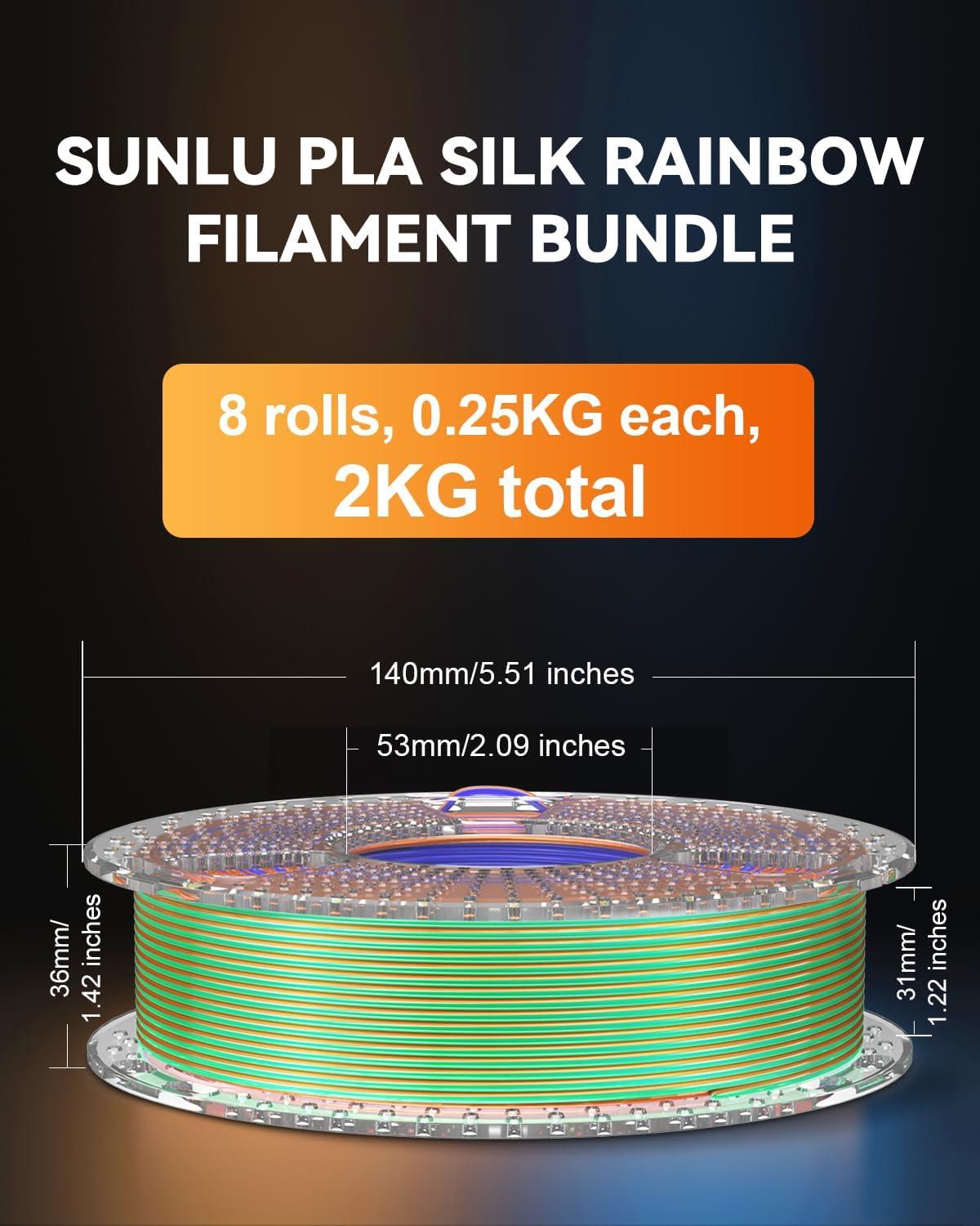 imageSUNLU 3D Printer Filament Bundle PLA Silk Rainbow Filament Multicolor Fast Color Change Each 8 Meters Individually Vacuum Packed 250g Spool 8 Rolls 2kg Total 6 Silk RainbowLight GoldSilverSilk Small Spool  Silk Dual Color3silk Triple Color5
