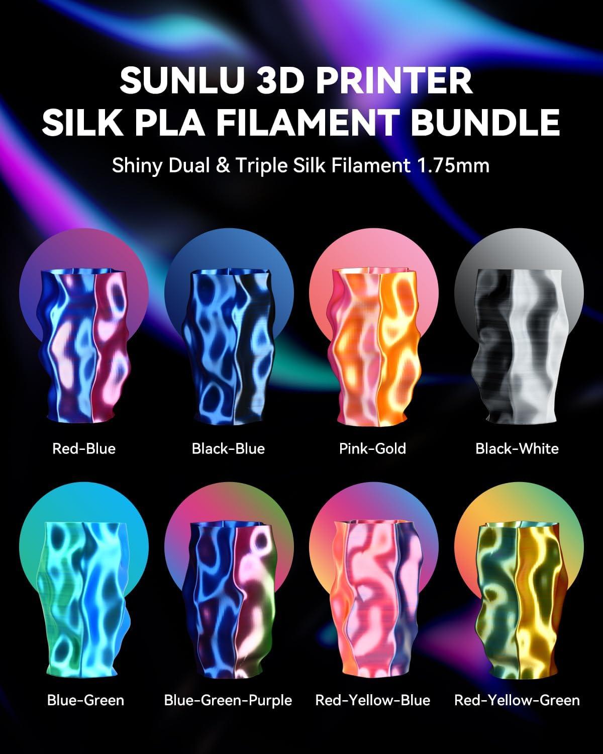 imageSUNLU 3D Printer Filament Bundle PLA Silk Rainbow Filament Multicolor Fast Color Change Each 8 Meters Individually Vacuum Packed 250g Spool 8 Rolls 2kg Total 6 Silk RainbowLight GoldSilverSilk Small Spool  Silk Dual Color5silk Triple Color3
