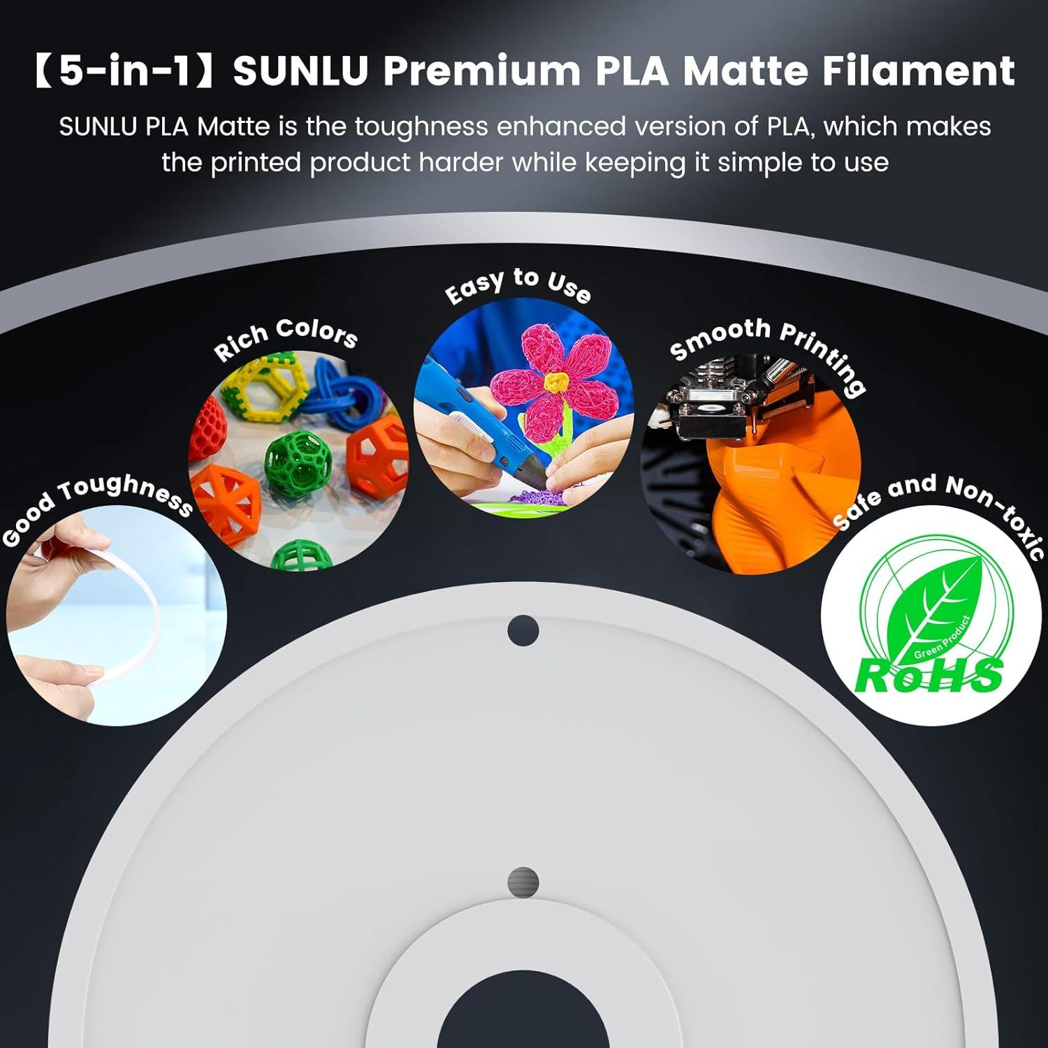 imageSUNLU 3D Printer Filament PLA Matte 175mm 5kg11lbs Large Spool PLA Filament for Big Project Smooth Matte Finish Neatly Wound Filament Fit Most FDM Printer 5KG1 Pack White