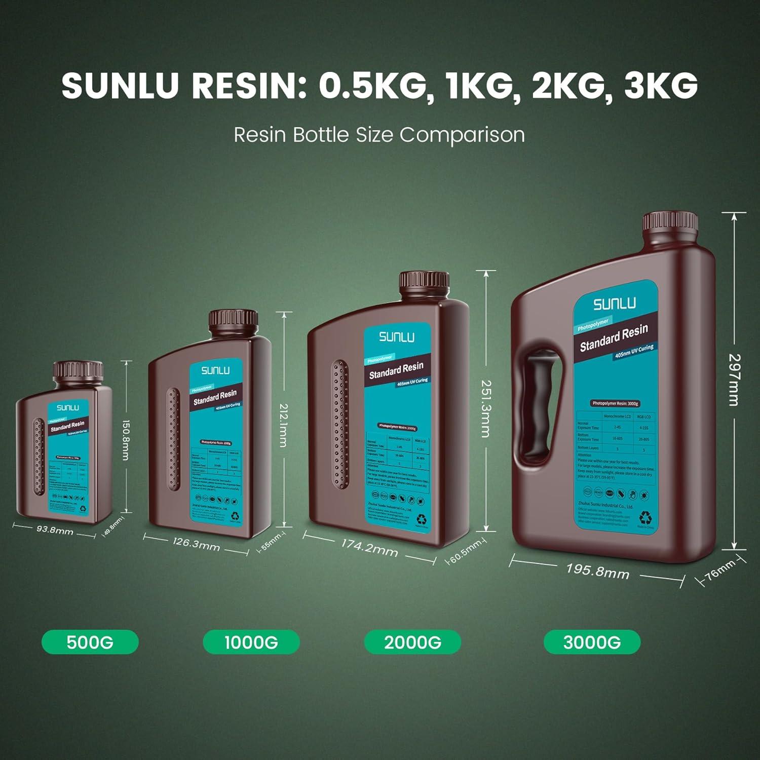 imageSUNLU 3D Printer Resin 1kg Fast Curing Standard 3D Resin for LCD DLP SLA Resin 3D Printers 395405nm UV Light Curing 3D Printing Liquid Photopolymer Resin Low Shrinkage High Precision 1000g Grey2kg Clear Green