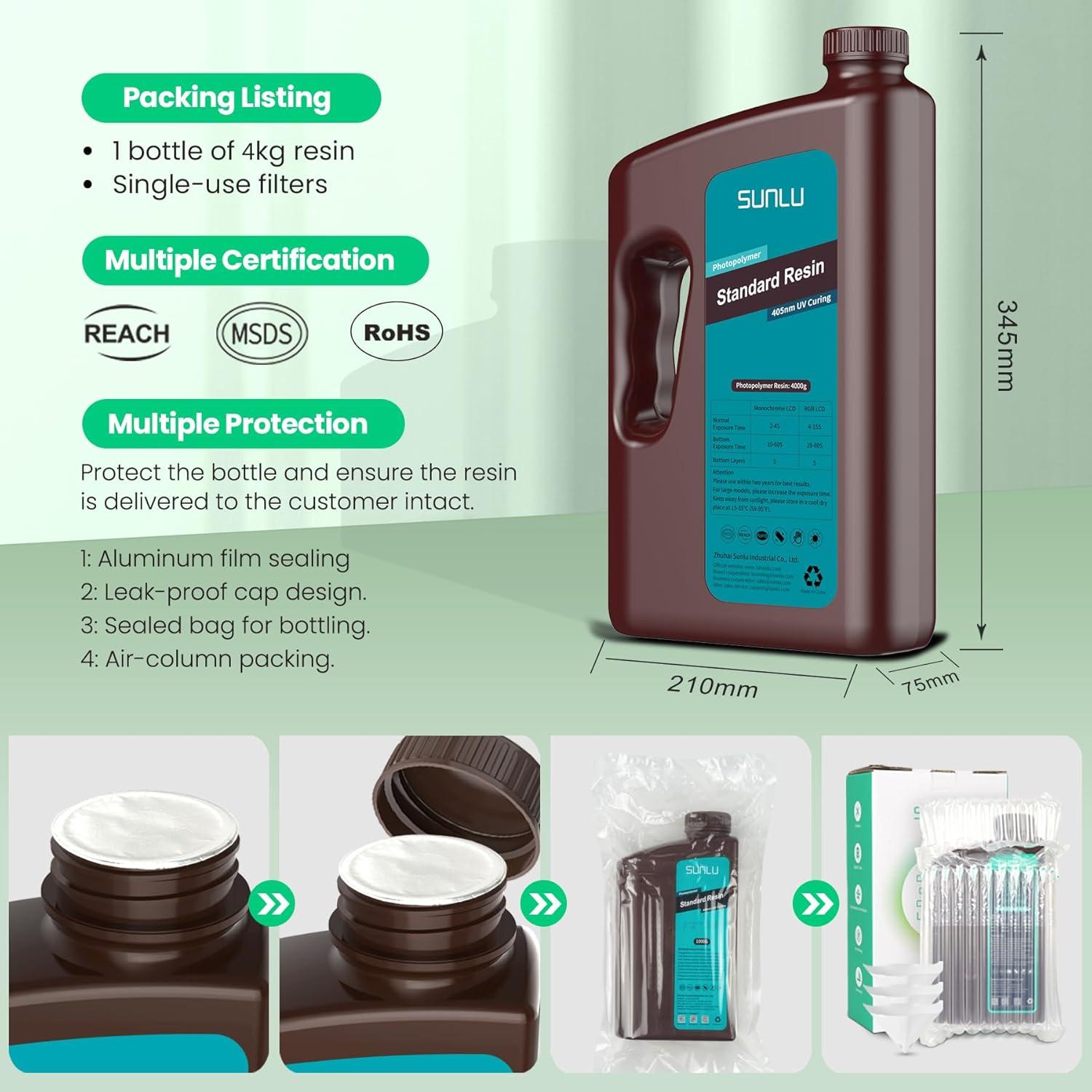 imageSUNLU 3D Printer Resin 1kg Fast Curing Standard 3D Resin for LCD DLP SLA Resin 3D Printers 395405nm UV Light Curing 3D Printing Liquid Photopolymer Resin Low Shrinkage High Precision 1000g Grey4000g grey