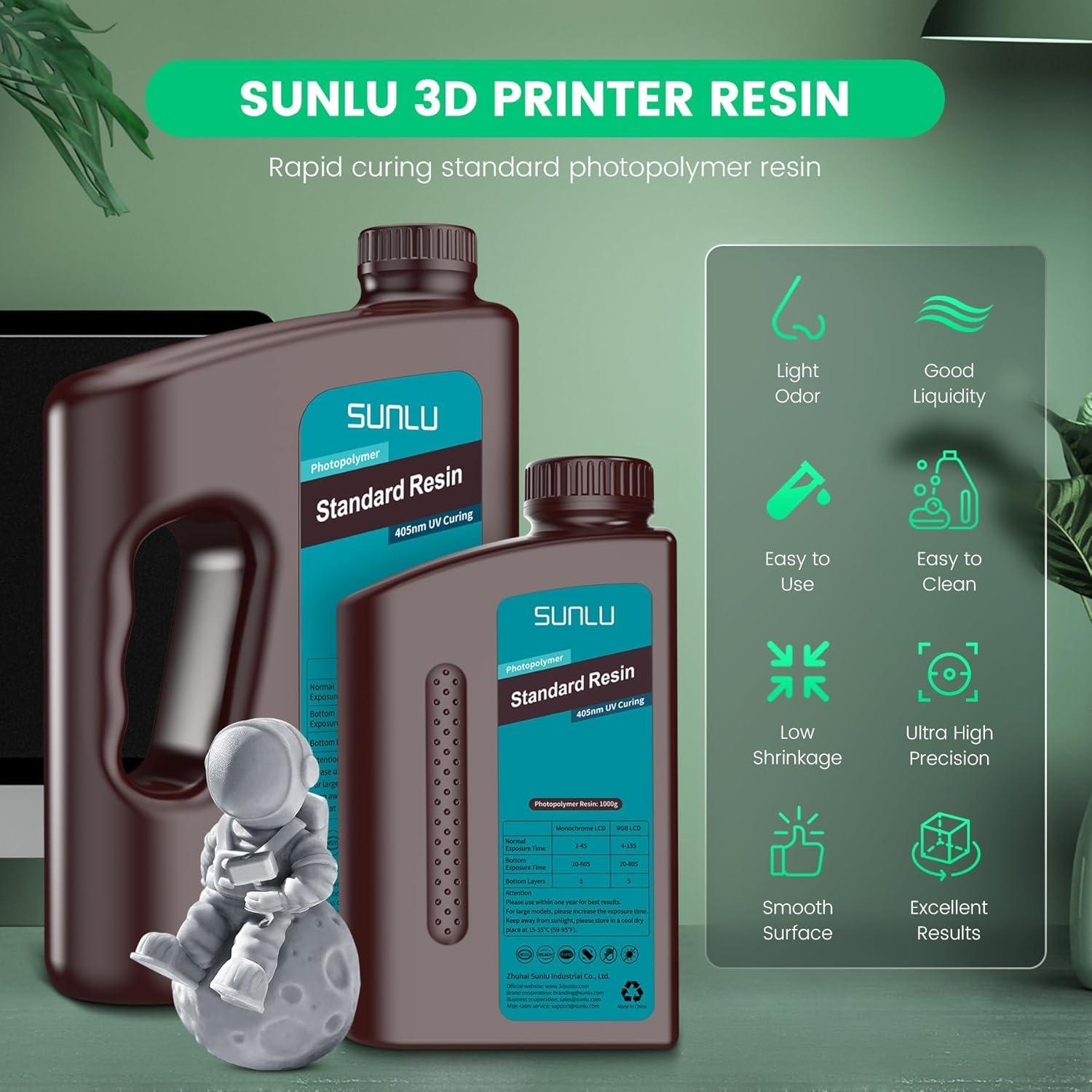 imageSUNLU 3D Printer Resin 1kg Fast Curing Standard 3D Resin for LCD DLP SLA Resin 3D Printers 395405nm UV Light Curing 3D Printing Liquid Photopolymer Resin Low Shrinkage High Precision 1000g Grey4000g grey