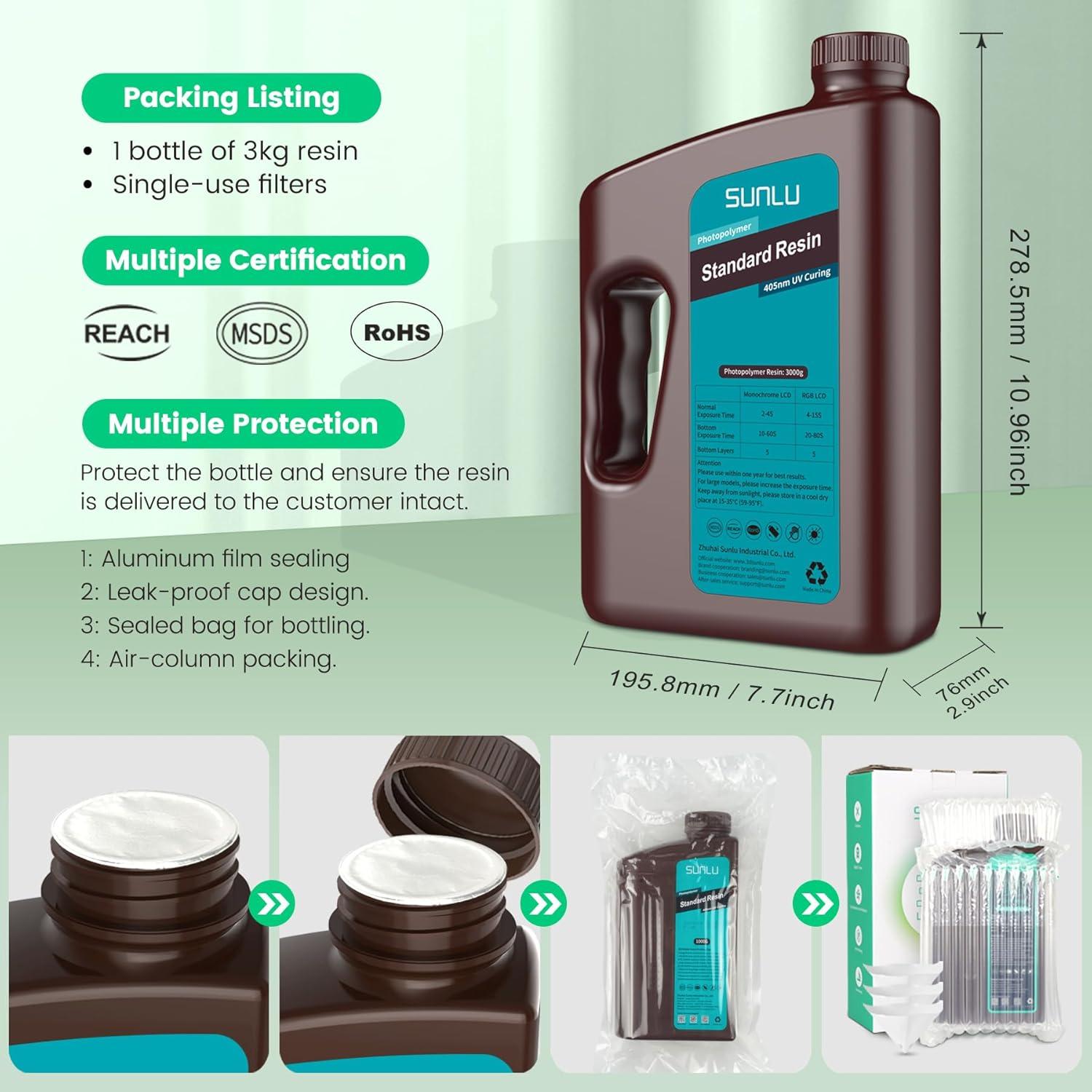 imageSUNLU 3D Printer Resin 1kg Fast Curing Standard 3D Resin for LCD DLP SLA Resin 3D Printers 395405nm UV Light Curing 3D Printing Liquid Photopolymer Resin Low Shrinkage High Precision 1000g Grey3kg Dark Grey