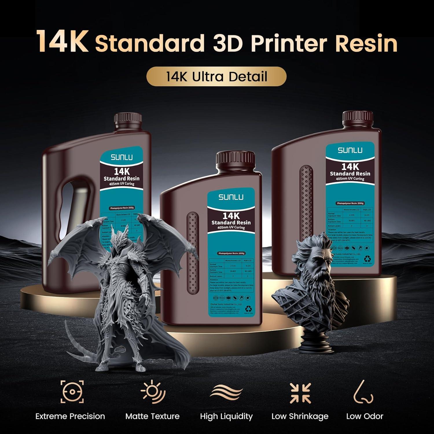 imageSUNLU 3D Printer Resin 1kg Fast Curing Standard 3D Resin for LCD DLP SLA Resin 3D Printers 395405nm UV Light Curing 3D Printing Liquid Photopolymer Resin Low Shrinkage High Precision 1000g GreyHigh Precision 14K 2kg grey