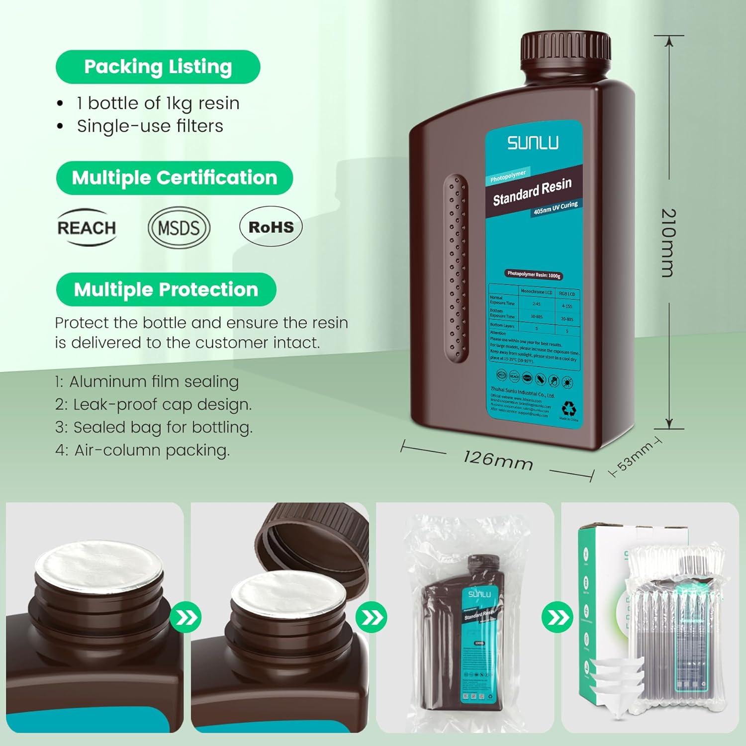 imageSUNLU 3D Printer Resin 1kg Fast Curing Standard 3D Resin for LCD DLP SLA Resin 3D Printers 395405nm UV Light Curing 3D Printing Liquid Photopolymer Resin Low Shrinkage High Precision 1000g Grey1kgClear Green