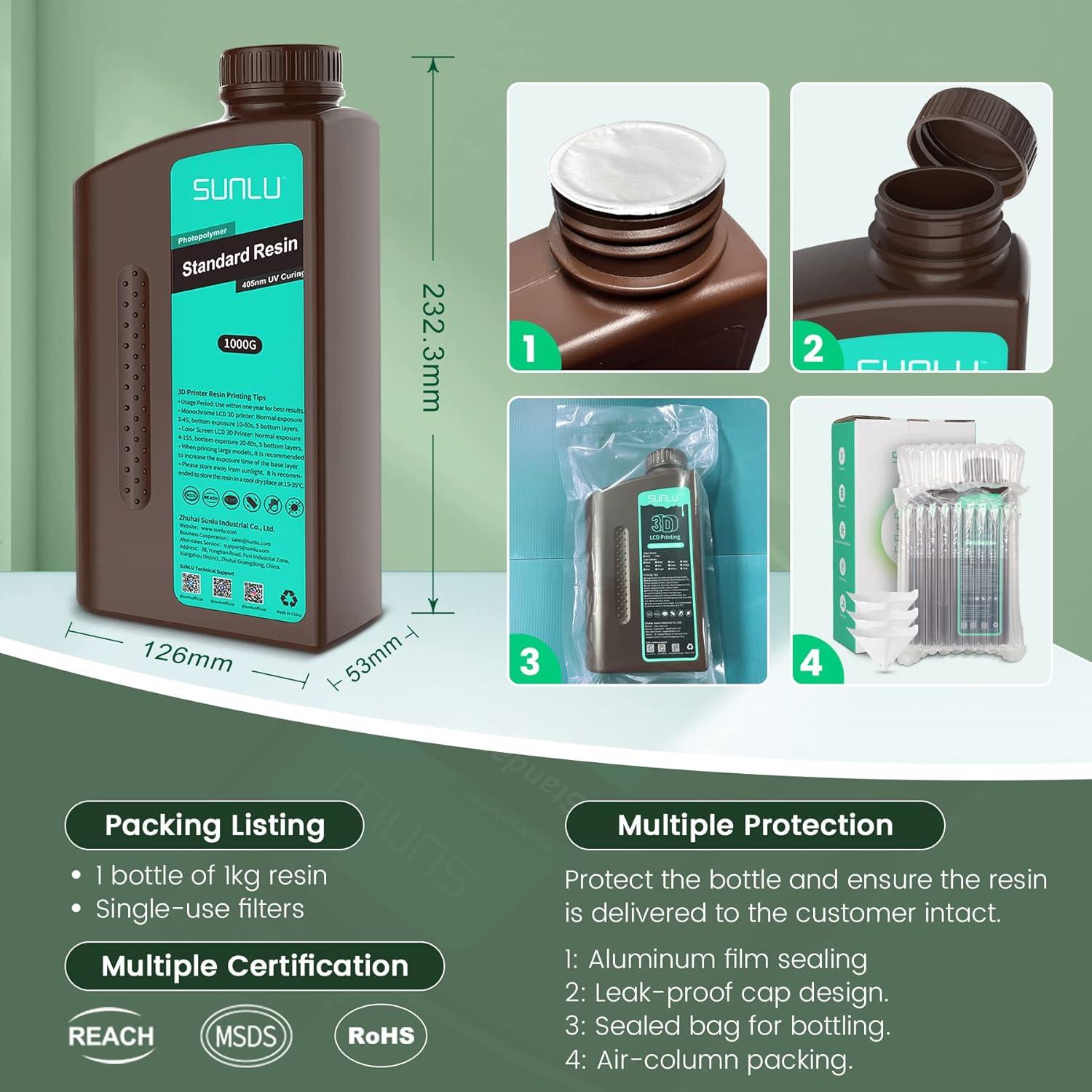 imageSUNLU 3D Printer Resin 1kg Fast Curing Standard 3D Resin for LCD DLP SLA Resin 3D Printers 395405nm UV Light Curing 3D Printing Liquid Photopolymer Resin Low Shrinkage High Precision 1000g Grey1000gdark Grey