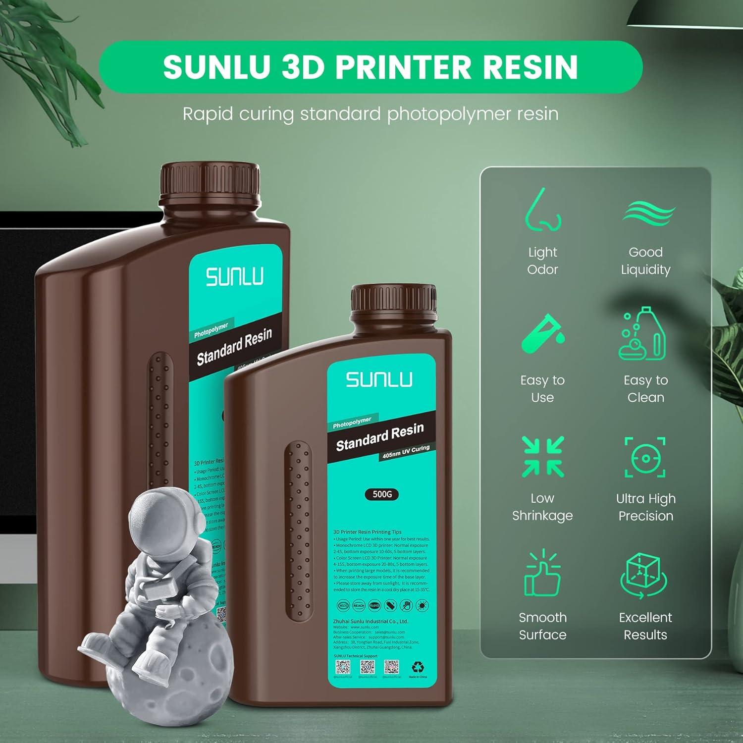 imageSUNLU 3D Printer Resin 1kg Fast Curing Standard 3D Resin for LCD DLP SLA Resin 3D Printers 395405nm UV Light Curing 3D Printing Liquid Photopolymer Resin Low Shrinkage High Precision 1000g Grey1kg Green