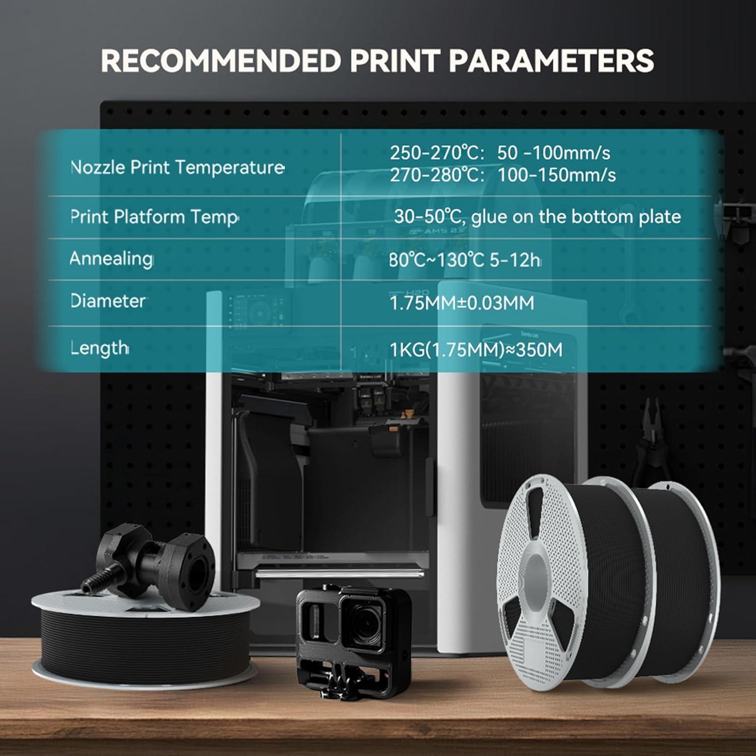 imageSUNLU 500G PA12CF 3D Filament 175mm Carbon Fiber Nylon Filament Excellent Wear ampamp Oil Resistance HeatResistant Spool Engineering Filament Dimensional Accuracy 002mm 05KG Spool Black1kg Easy Nylon Black