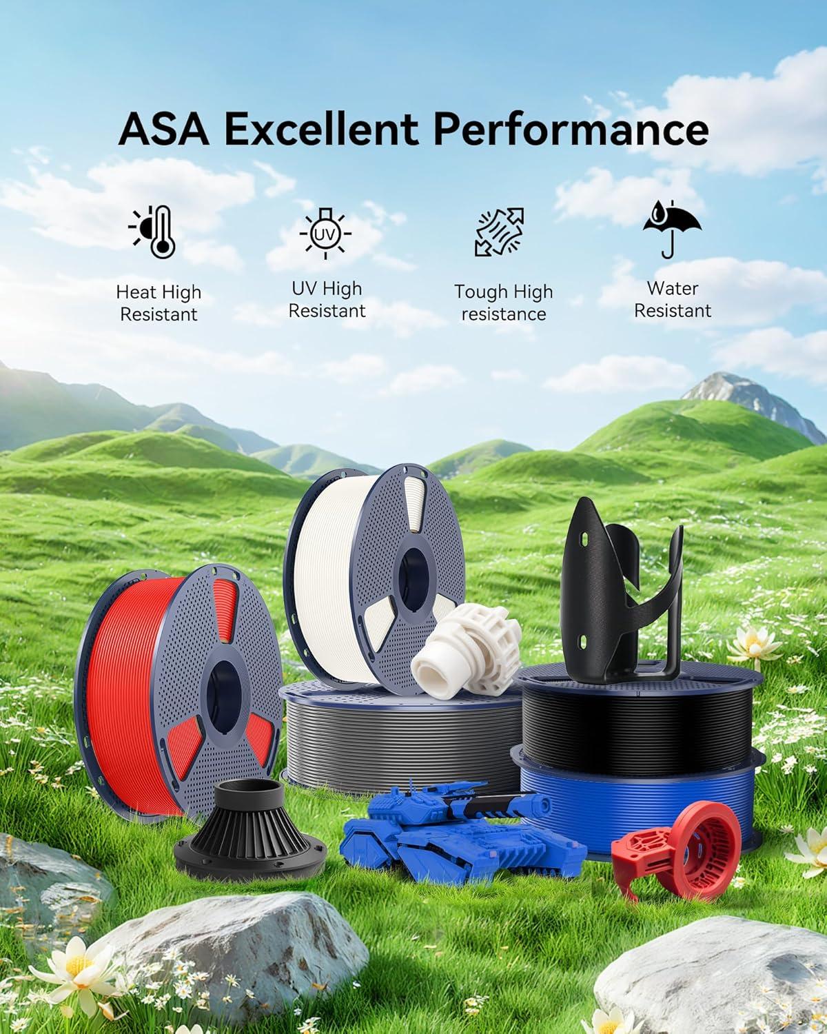 imageSUNLU ASA Filament 175mm UVRainHeat Resistant Tough 3D Printer Filament Great for Printing Outdoor Functional Mechanical Parts 1kg Spool 22lbs BlackBundle 4kg Asa Blacknaturalbluered