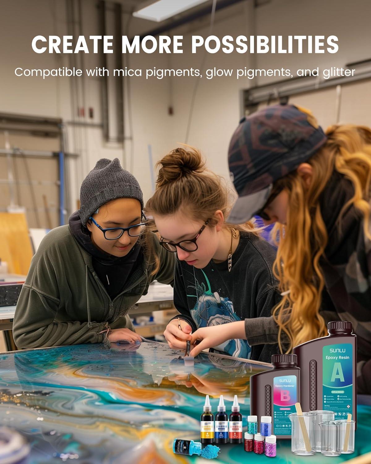 imageSUNLU Epoxy Resin Kit 48OZ Crystal Clear Epoxy Resin No Bubble No Yellow Easy to Mix 21 Ratio Self Leveling Art Resin for Casting Coating Jewelry Making River Table Tops Gift32OZ16OZ