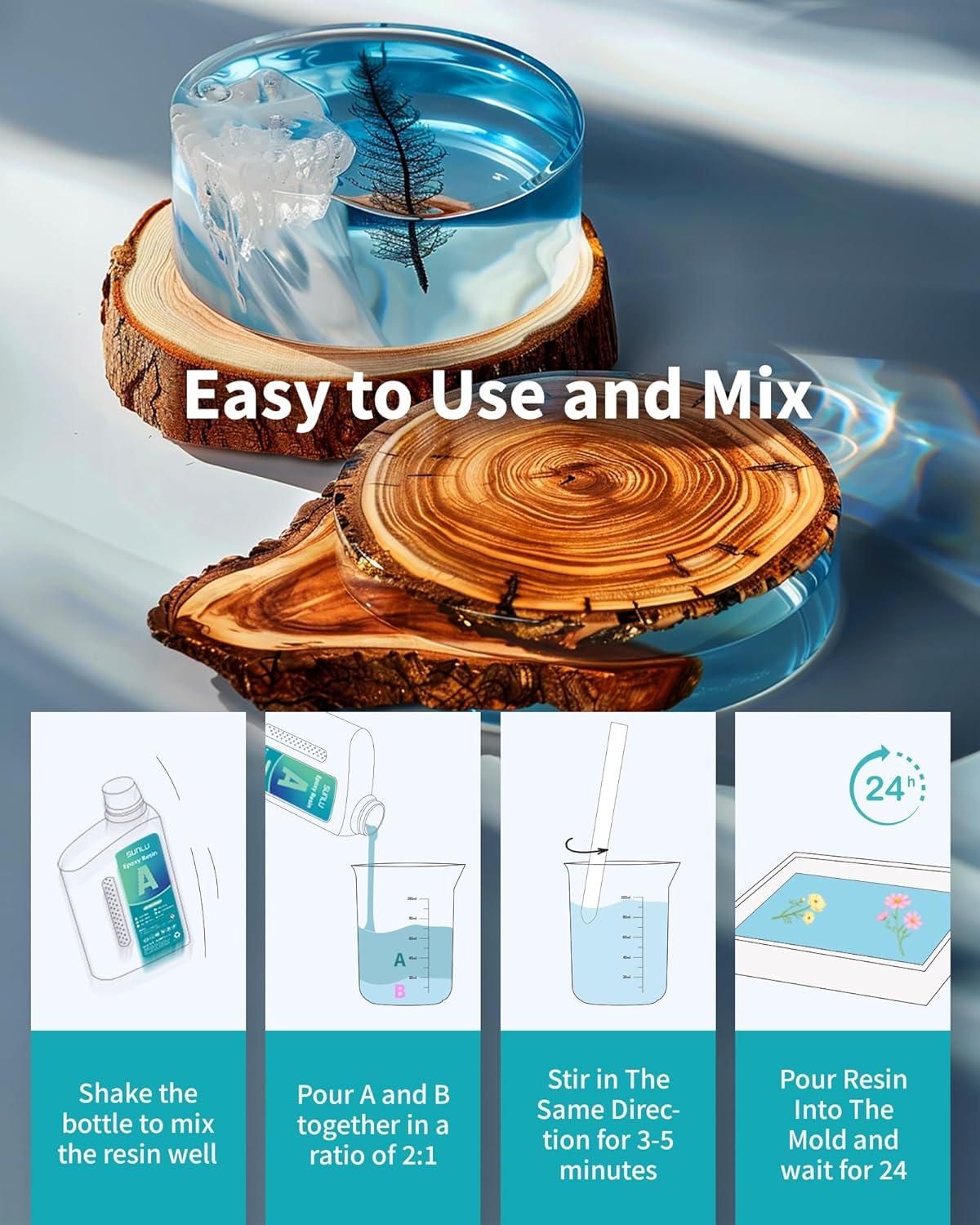 imageSUNLU Epoxy Resin Kit 48OZ Crystal Clear Epoxy Resin No Bubble No Yellow Easy to Mix 21 Ratio Self Leveling Art Resin for Casting Coating Jewelry Making River Table Tops Gift32OZ16OZ