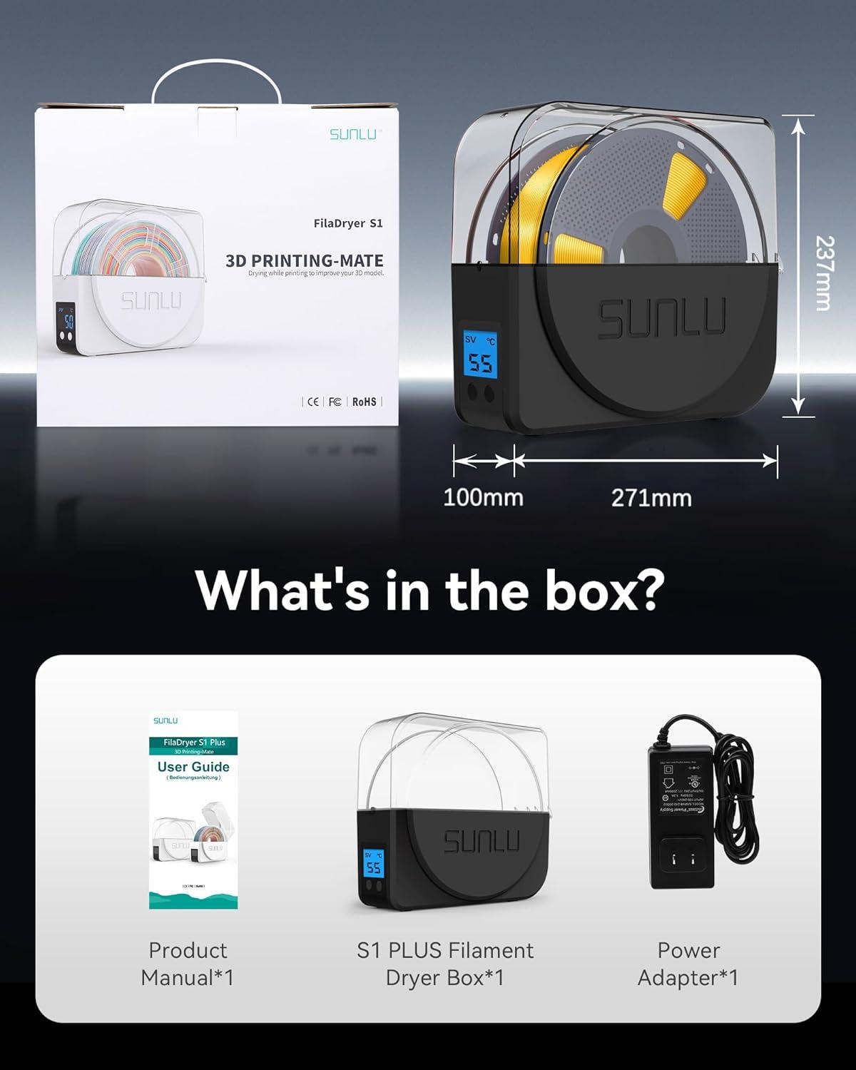 imageSUNLU Filament Dryer Box for 3D Printer Filament S1 Plus Filament Dehydrator with Fan Design Filament Storage can Keep 175 285 300mm PLA PETG ABS Filament Dry During 3D Printing BlackS1 Plus Black With Filament Holder