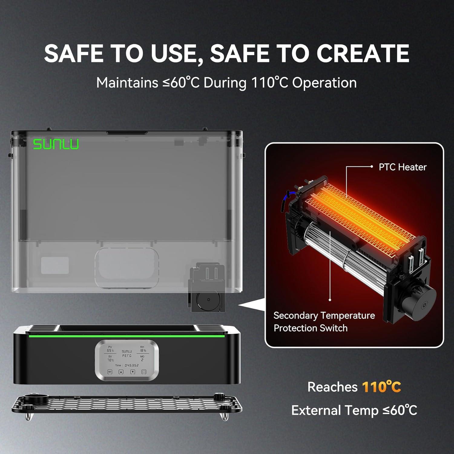 imageSUNLU Official 3D Printer Filament Dryer E2 110 Max Temperature 500W PTC Heater Dry and Anneal 2in1 DualChamber Designed for Engineering Filaments PC PACF FRABS Filament Dryer Box BlackBlack