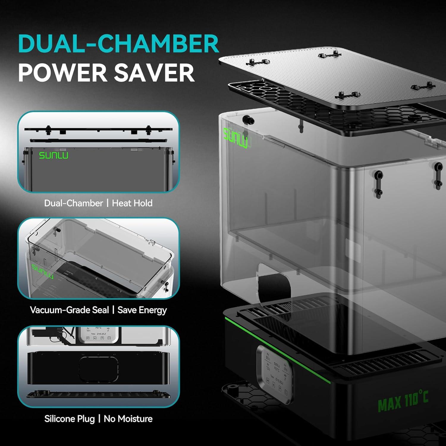 imageSUNLU Official 3D Printer Filament Dryer E2 110 Max Temperature 500W PTC Heater Dry and Anneal 2in1 DualChamber Designed for Engineering Filaments PC PACF FRABS Filament Dryer Box BlackBlack