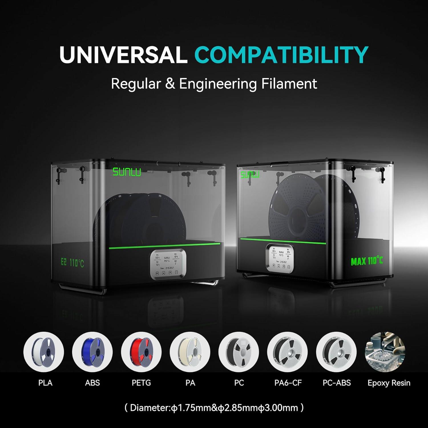 imageSUNLU Official 3D Printer Filament Dryer E2 110 Max Temperature 500W PTC Heater Dry and Anneal 2in1 DualChamber Designed for Engineering Filaments PC PACF FRABS Filament Dryer Box BlackBlack