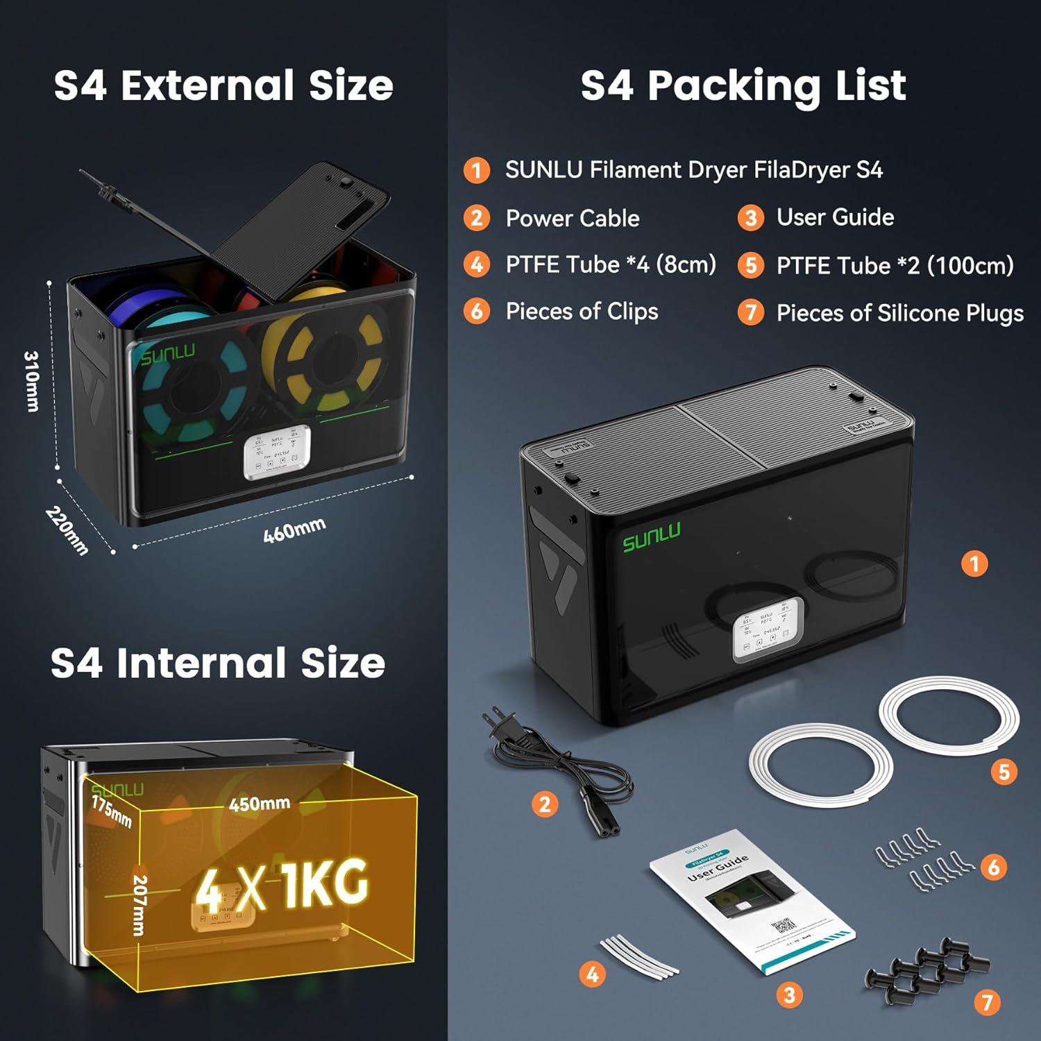 imageSUNLU Official 3D Printer Filament Dryer S4 4 Spools Capacity 3 Circulation Fans 350W PTC Heater 70 Max Temperature Power Saving Storage Mode Nylon TPU PLA PETG ABS Filament Dryer Box BlackBlack S4