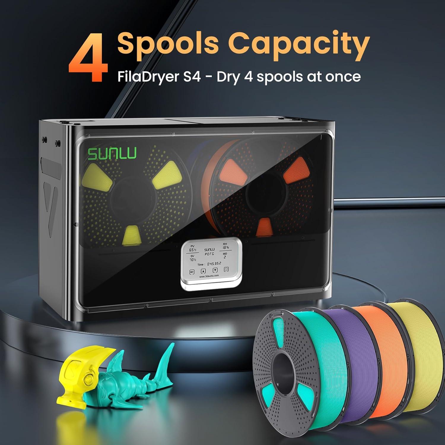 imageSUNLU Official 3D Printer Filament Dryer S4 4 Spools Capacity 3 Circulation Fans 350W PTC Heater 70 Max Temperature Power Saving Storage Mode Nylon TPU PLA PETG ABS Filament Dryer Box BlackBlack S4