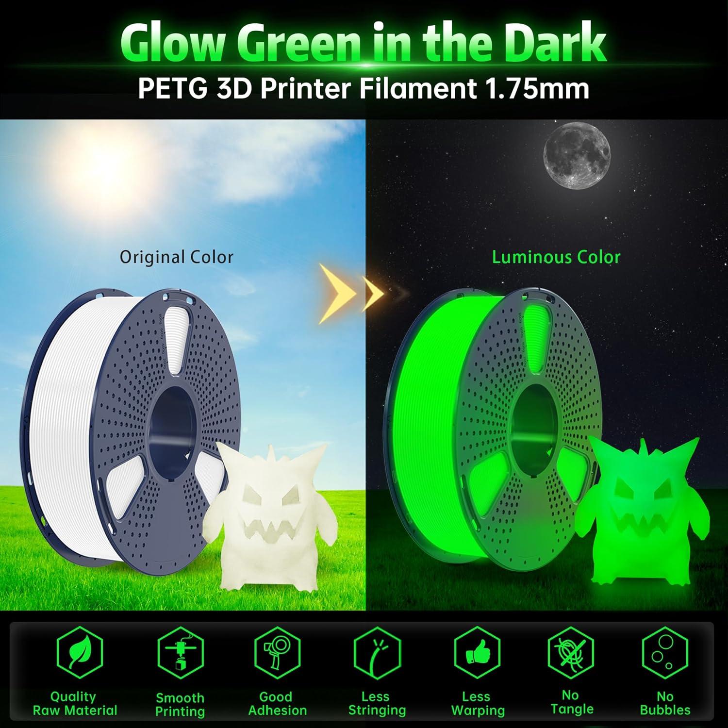 imageSUNLU PETG Filament 175mmStrong 3D Printer FilamentUltraLow StringingExceptional Layer Adhesion ampamp High ToughnessDimensional Accuracy  002 mmFit Most FDM 3D Printers1kg SpoolBlackPetg Glow in the Darkwhite to Glow Green