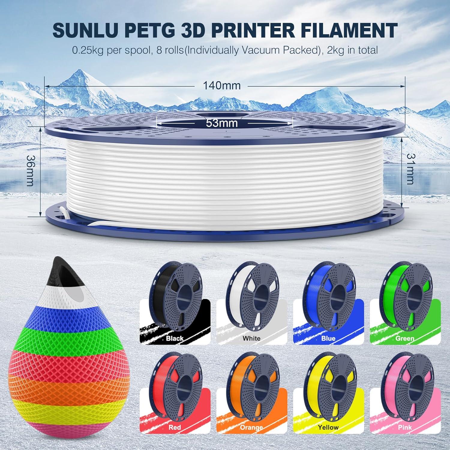 imageSUNLU PETG Filament 175mmStrong 3D Printer FilamentUltraLow StringingExceptional Layer Adhesion ampamp High ToughnessDimensional Accuracy  002 mmFit Most FDM 3D Printers1kg SpoolBlackBundle 8 Colorsblackwhiteblueredgreenorangeyellowpink