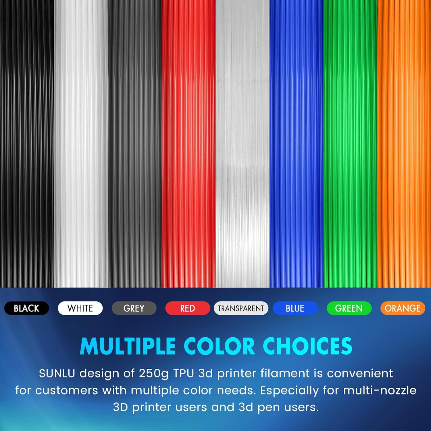 imageSUNLU TPU 3D Printer Filament 175mm High Speed 95A TPU Filament 1KG Flexible 3D Filament for Fast Printing Dimensional Accuracy  003mm Suitable for Most FDM 3D Printers BlackTpu 0258 Blackwhitetransparentgreyredbluegreenorange