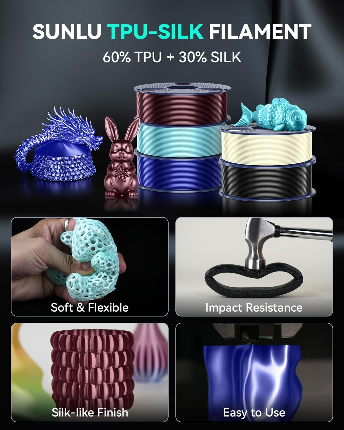 imageSUNLU TPUSilk 3D Printer Filament 98A TPU 175mm Glossy Silk Surface Flexible 1kg 22lbs BlackTpu Silk Black