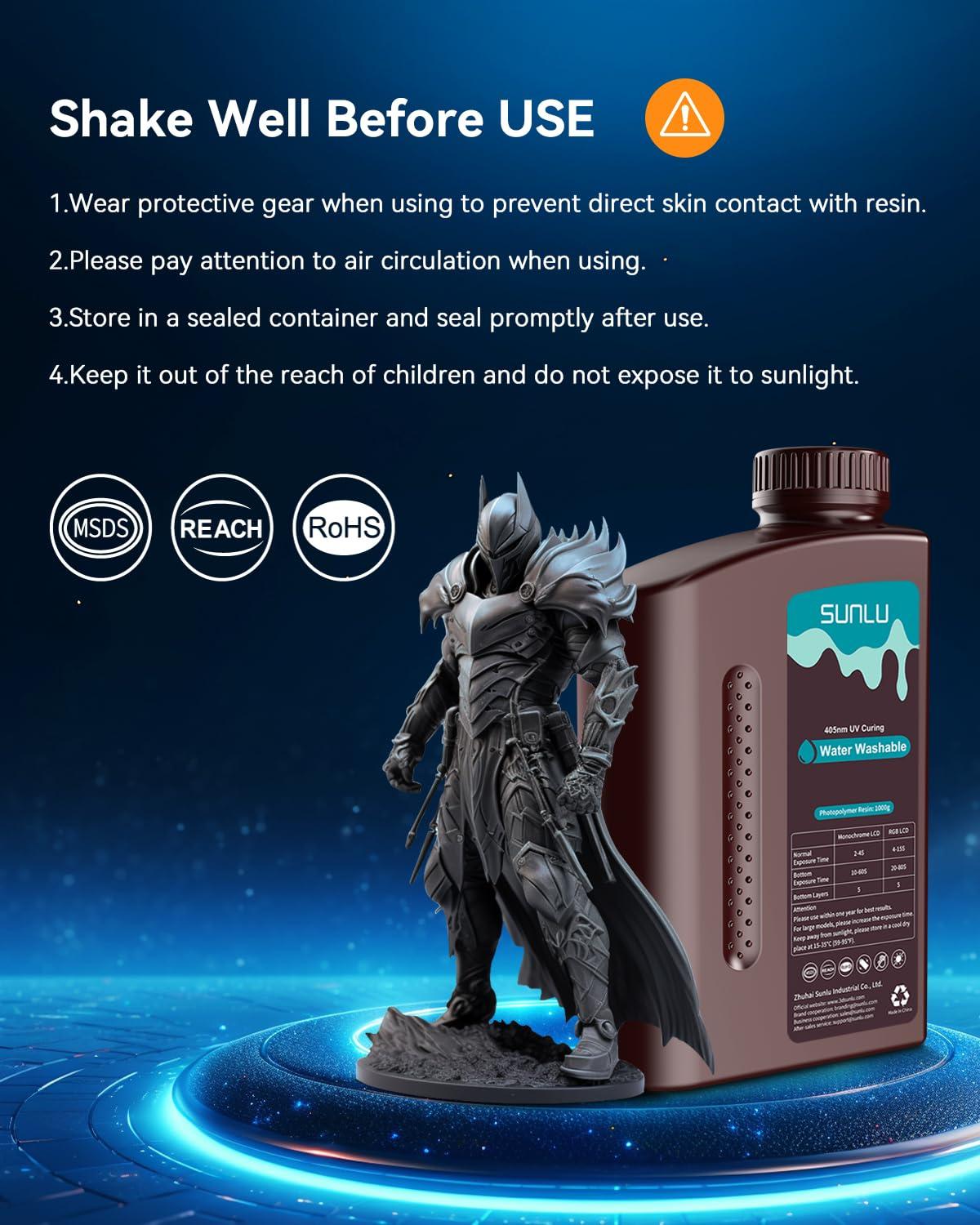 imageSUNLU Water Washable 3D Printer Resin Fast Curing Low Shrinkage High Precision Photopolymer Resin for LCDDLPSLA Printers395 to 405nm UV Resin 1000g Grey3kg Dark Grey