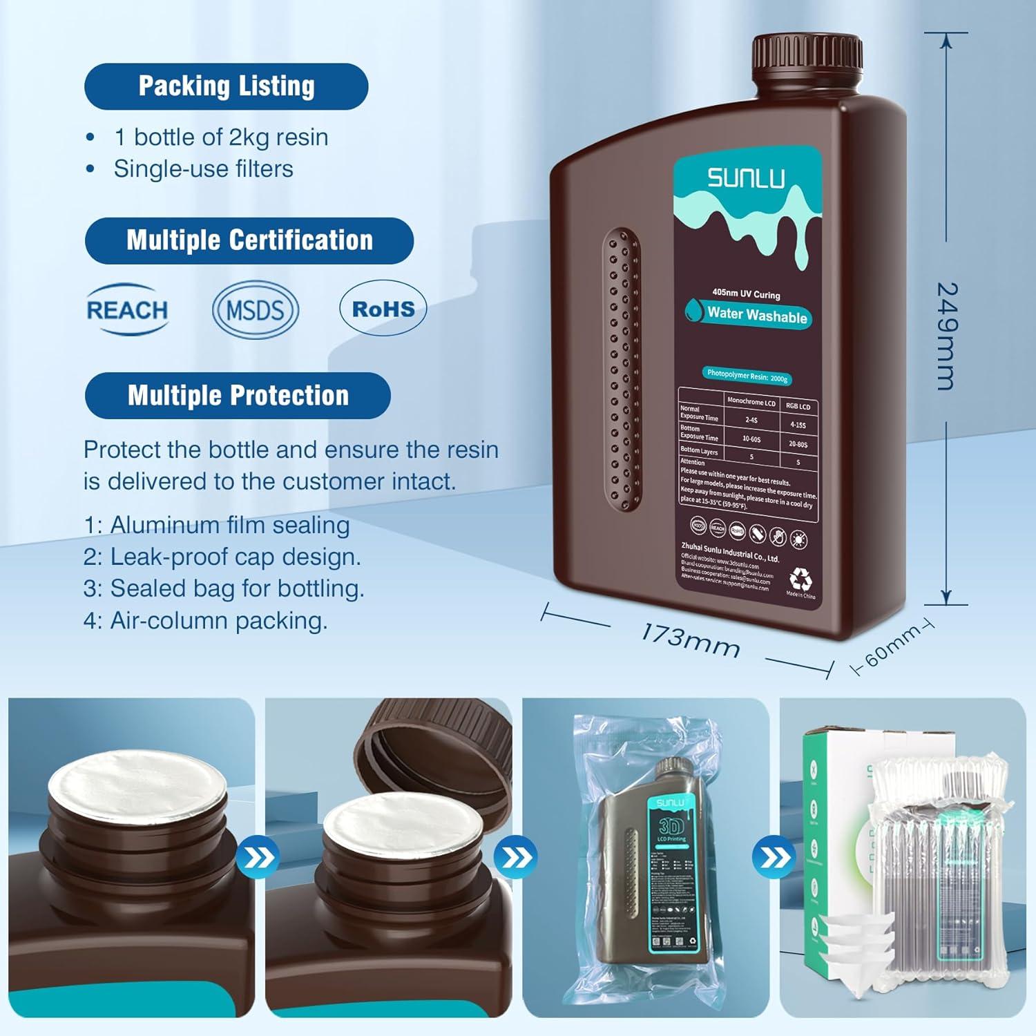 imageSUNLU Water Washable 3D Printer Resin Fast Curing Low Shrinkage High Precision Photopolymer Resin for LCDDLPSLA Printers395 to 405nm UV Resin 1000g Grey2000g Grey