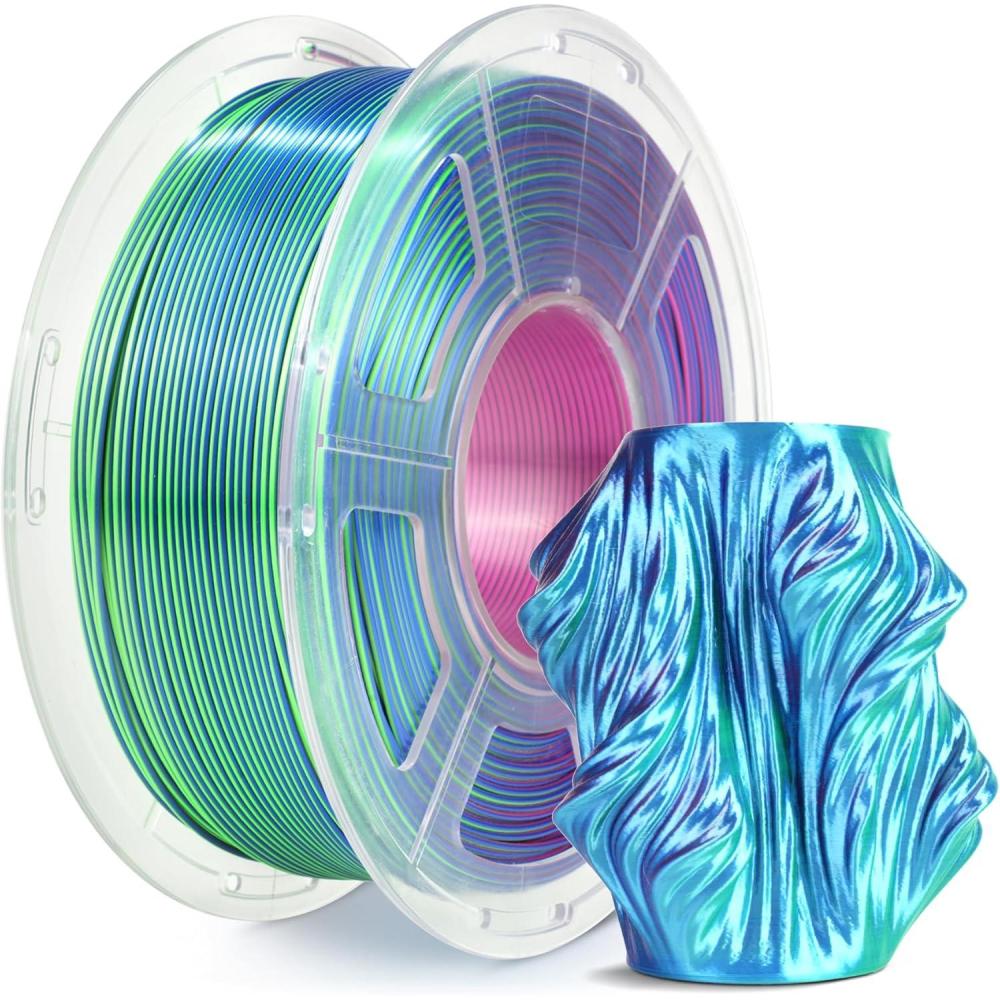 imageSUNLU 3D Printer Filament Bundle PLA Silk Rainbow Filament Multicolor Fast Color Change Each 8 Meters Individually Vacuum Packed 250g Spool 8 Rolls 2kg Total 6 Silk RainbowLight GoldSilverSilk Pla Triple Blue Green Purple