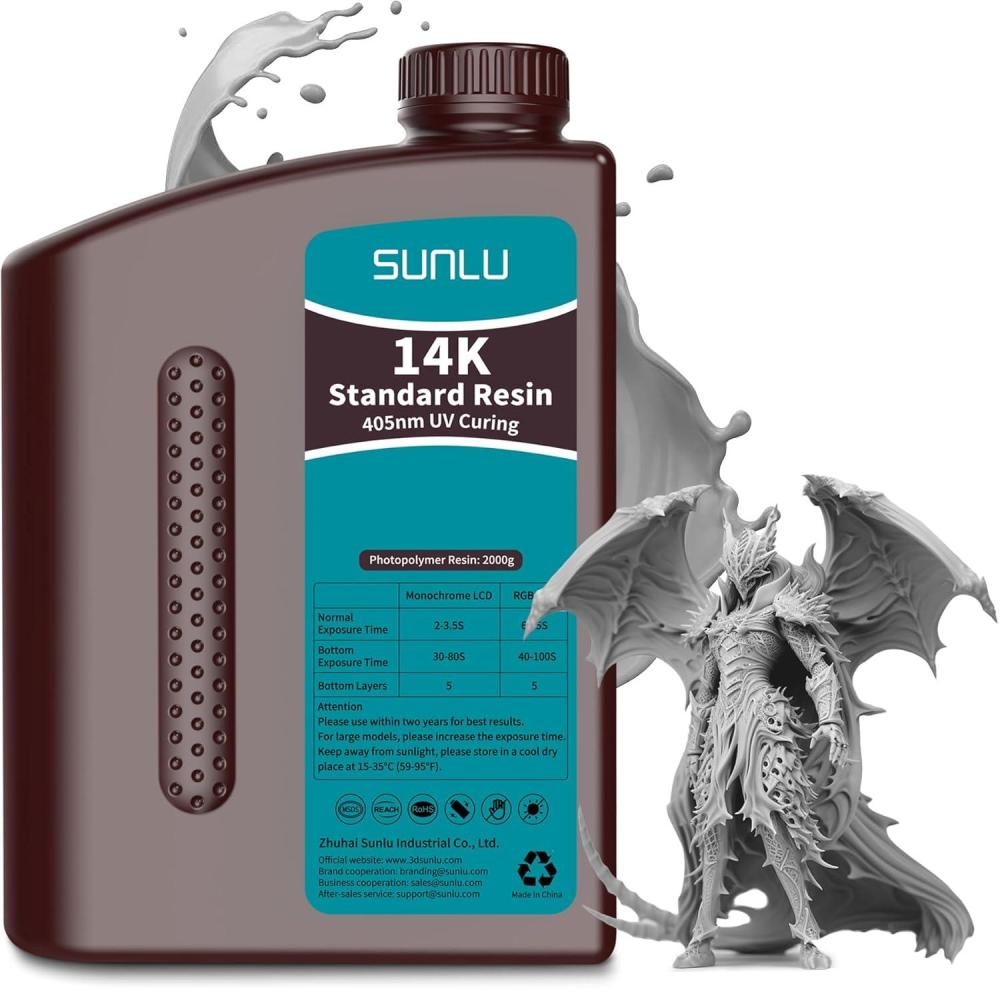 imageSUNLU 3D Printer Resin 1kg Fast Curing Standard 3D Resin for LCD DLP SLA Resin 3D Printers 395405nm UV Light Curing 3D Printing Liquid Photopolymer Resin Low Shrinkage High Precision 1000g GreyHigh Precision 14K 2kg grey